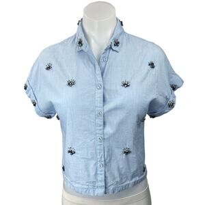 Zara Women's Basic Blue Beaded Rhinestone Chambray Button Down Shirt Top Size XS